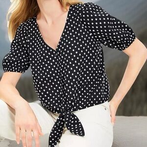 XXL Loft Cotton Clip Dot Puff Sleeved, Buttoned & Tie Front Top In Black & White
